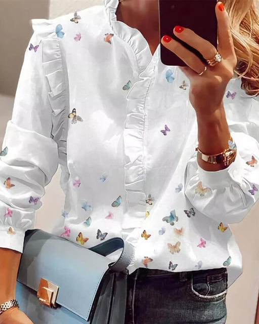 Women Elegant Fashion Butterfly Print Blouses Top Ruffled Trim  Casual Long Lace Sleeve Blouse