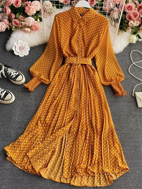 Spring And Summer French Vintage Maxi Dress 2021 Sundress Ladies Long Sleeve Orange Polka Dot Chiffon Pleated Dresses Femme Robe