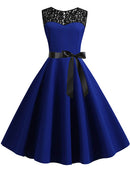 Blue Lace Patchwork Summer Dress Women Elegant Vintage Party Dress Casual Office Ladies Work Dress