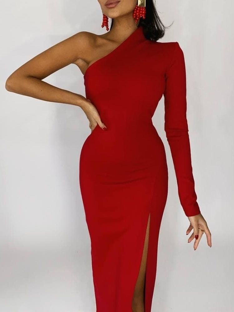 Red Elegant Dresses For Women 2022 Fashion One Shoulder Maxi Dress Bodycon Spring Summer Ladies Sexy Evening Club Party Dress
