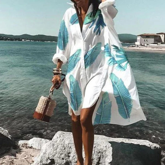 2021 Sommer-Frauen-Kleider Turn-Down-Kragen-Druck-beiläufiges Langarm-Hemd-Kleid übergroße lose Strand-Party Vestidos Robe-Bluse