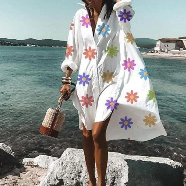 2021 Summer Women Dresses Turn-down Collar Print Casual Long Sleeve Shirt Dress Oversized Loose Beach Party Vestidos Robe Blouse