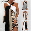 Sexy Halter Neck Leopard Patchwork Printing Mini Dress Sleeveless Beach Casual Summer Dresses Woman 2022 Oversized Loose Tunics