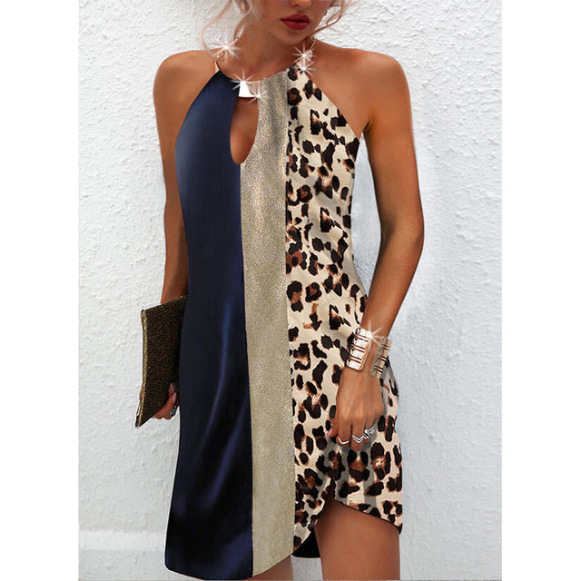 Sexy Halter Neck Leopard Patchwork Printing Mini Dress Sleeveless Beach Casual Summer Dresses Woman 2022 Oversized Loose Tunics