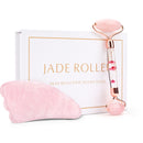 Masajeador facial natural Rodillo facial Gua Sha Rascador Doble cabeza Rodillo de piedra de jade Cuidado de la piel Masaje de cuarzo rosa para cara y cuerpo