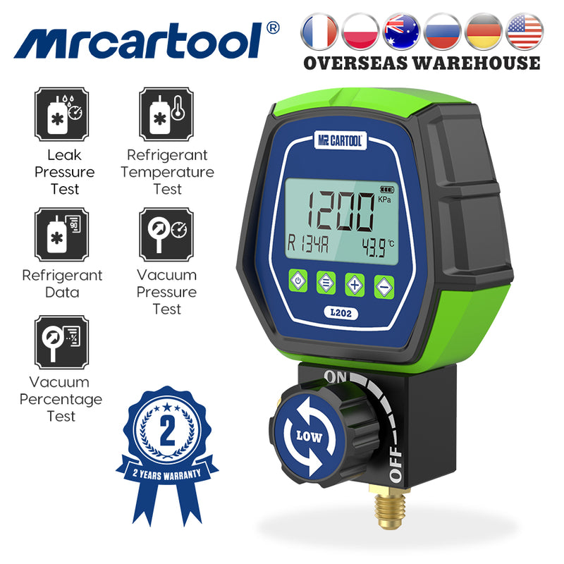 MRCARTOOL L202 Klimaanlagen-Kältemittel-Lecktester Manometer-Kit HLK-Vakuumtemperaturtester Digitales Manifold-Messgerät
