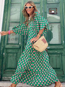 Vestido estampado a la moda para mujer, vestido largo de manga abullonada, vestido Maxi bohemio de verano, vestido largo con estampado geométrico, vestido suelto de playa para vacaciones