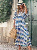 Vestido estampado a la moda para mujer, vestido largo de manga abullonada, vestido Maxi bohemio de verano, vestido largo con estampado geométrico, vestido suelto de playa para vacaciones