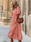 Vestido estampado a la moda para mujer, vestido largo de manga abullonada, vestido Maxi bohemio de verano, vestido largo con estampado geométrico, vestido suelto de playa para vacaciones