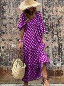 Vestido estampado a la moda para mujer, vestido largo de manga abullonada, vestido Maxi bohemio de verano, vestido largo con estampado geométrico, vestido suelto de playa para vacaciones