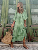 Vestido estampado a la moda para mujer, vestido largo de manga abullonada, vestido Maxi bohemio de verano, vestido largo con estampado geométrico, vestido suelto de playa para vacaciones