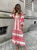 Vestido estampado a la moda para mujer, vestido largo de manga abullonada, vestido Maxi bohemio de verano, vestido largo con estampado geométrico, vestido suelto de playa para vacaciones