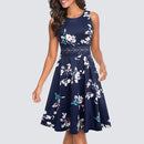 Women Vintage Casual Round Neck A line Summer Elegant Floral Lace Patchwork Sleeveless Tunic Party Swing Dress HA079
