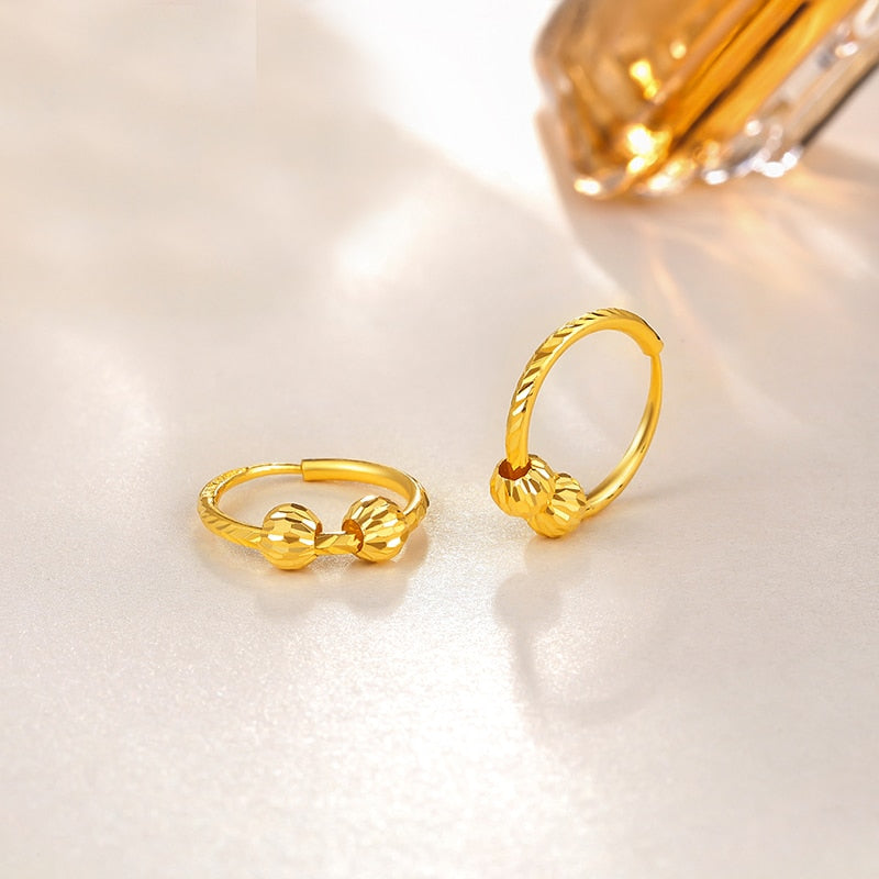 Solid Pure 24K Yellow Gold Earrings Women 999 Gold Carved Hoop Earrings