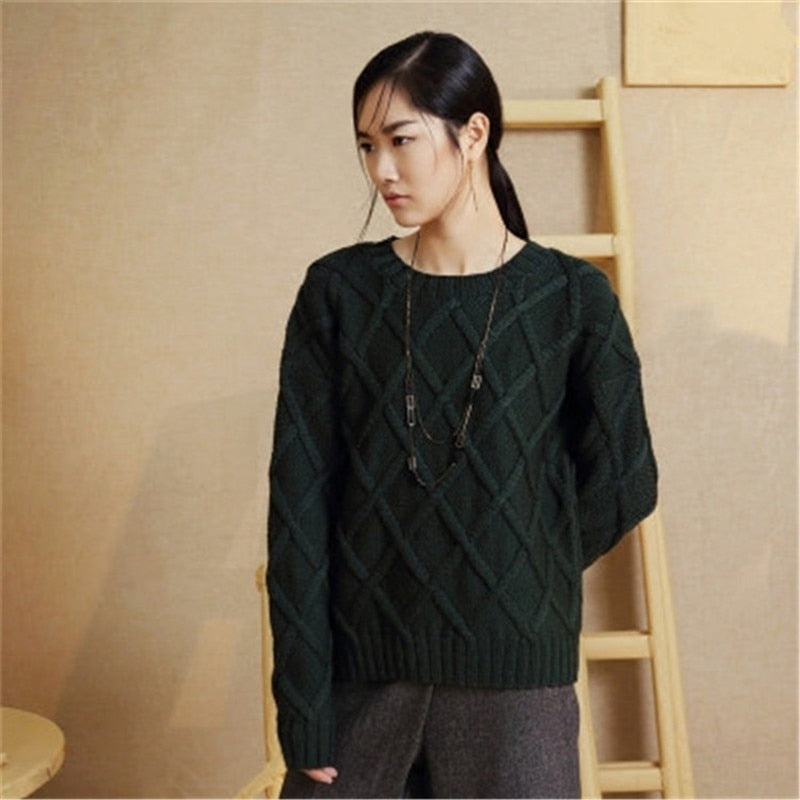 100% hecho a mano de lana pura tejido retorcido mujer streetwear Oneck argyle sólido H-straight pullover suéter de talla grande